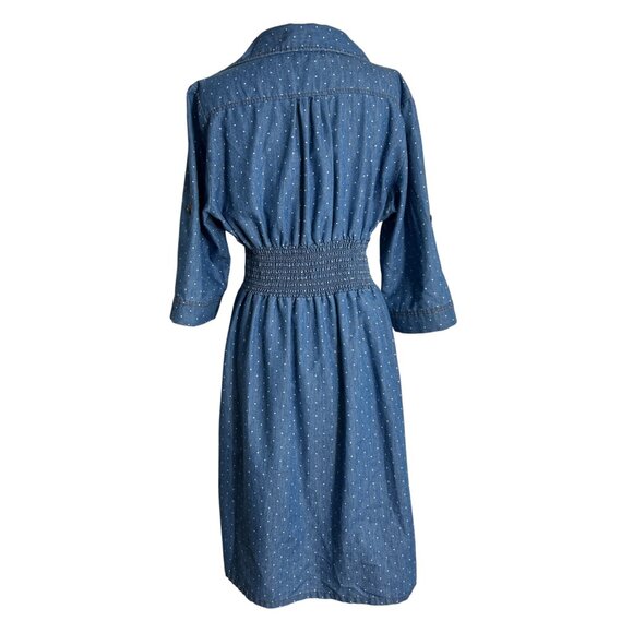 J Glee Blue Chambray Size XL Dress Polka Dot Zip Front Elastic Waist Tab Sleeves - Picture 2 of 12